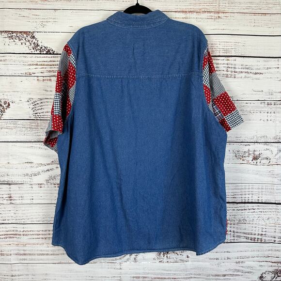 Womens VTG Quizz Red White Blue USA Plaid Patchwork Denim SS Button Up Blouse 24 - Picture 4 of 6